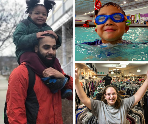A collage of three photos. Photo 1 a black dad carries his daughter who is 3-4 years old on his shoulders. They are both wearing winter jackets. In photo 2 a little boy who is 5-6 is in a pool swimming toward the camera with a big smile. He is wearing blue swim goggles. In photo 3 a 20-something woman with blonde hair has her arms stretched over her head in success. Racks of perfectly arranged clothes stand behind her. 
