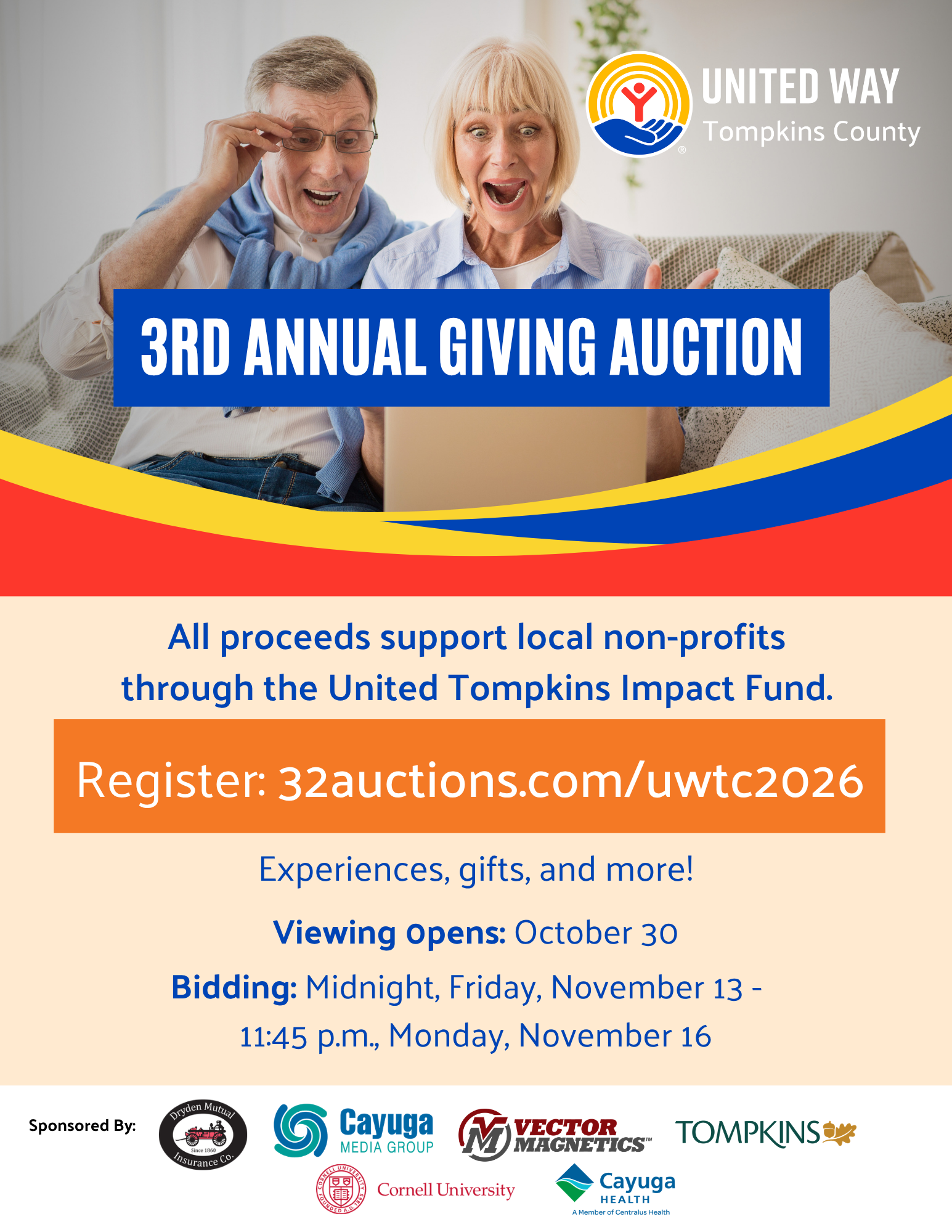 A promotional flyer for the United Way Tompkins County 3rd Annual Giving Auction. The top half features an older man and woman sitting on a couch, reacting with excitement as they look at a laptop screen. A large blue banner across the center reads "3RD ANNUAL GIVING AUCTION". Below this, text states, "All proceeds support local non-profits through the United Tompkins Impact Fund.". An orange rectangular banner provides the registration link: "Register: 32auctions.com/uwtc2026". Additional event details include "Experiences, gifts, and more!", "Viewing Opens: October 30", and "Bidding: Midnight, Friday, November 13 - 11:45 p.m., Monday, November 16". The bottom section lists the event's sponsors alongside their logos: Dryden Mutual Insurance Co., Cayuga Media Group, Cornell University, Vector Magnetics, Cayuga Health, and Tompkins.