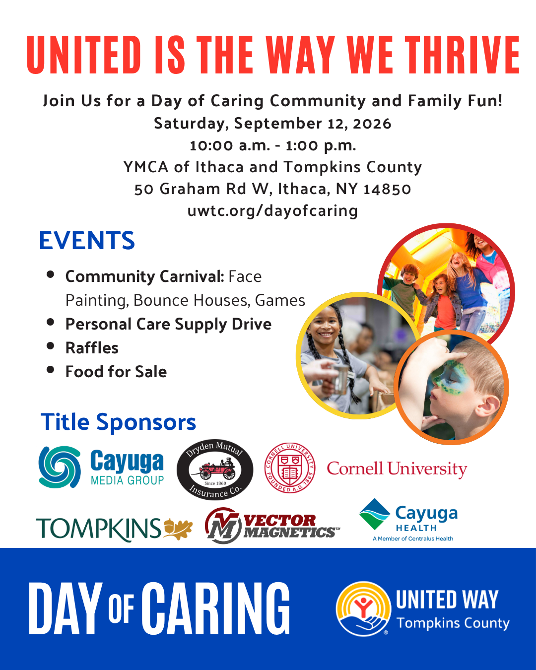 Event poster for United Way of Tompkins County’s Day of Caring on Saturday, September 12, 2026, from 10:00 a.m. to 1:00 p.m. at YMCA of Ithaca and Tompkins County. Features a community carnival, personal care supply drive, food for sale, and sponsor logos.