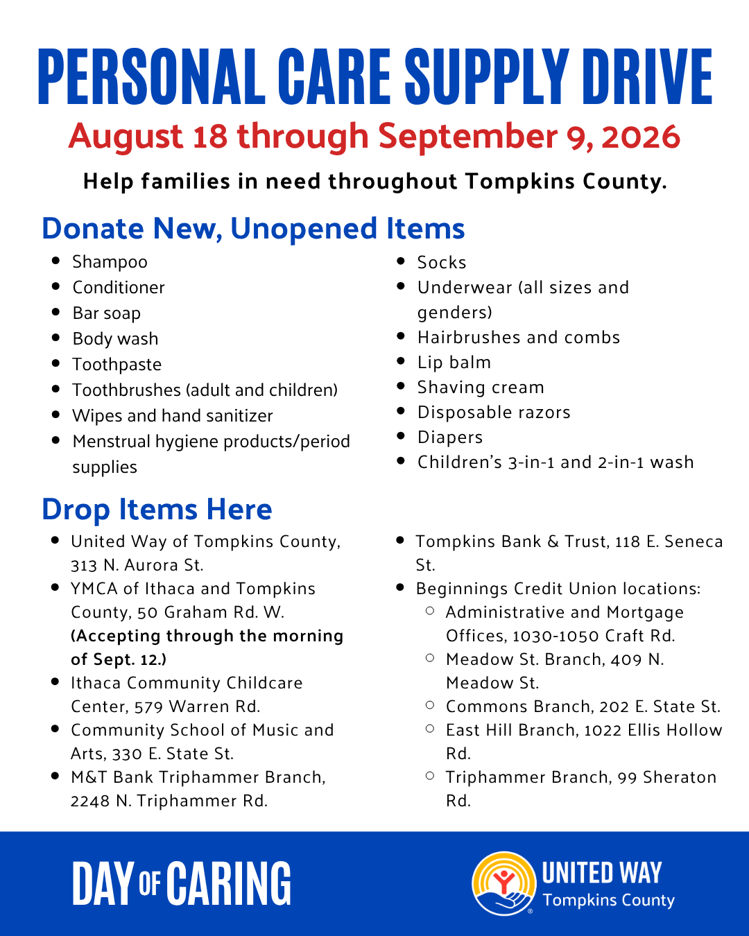 Promotional flyer for the Personal Care Supply Drive (August 18 through September 9, 2026) benefiting families in Tompkins County, listing donated items needed and local drop-off locations.