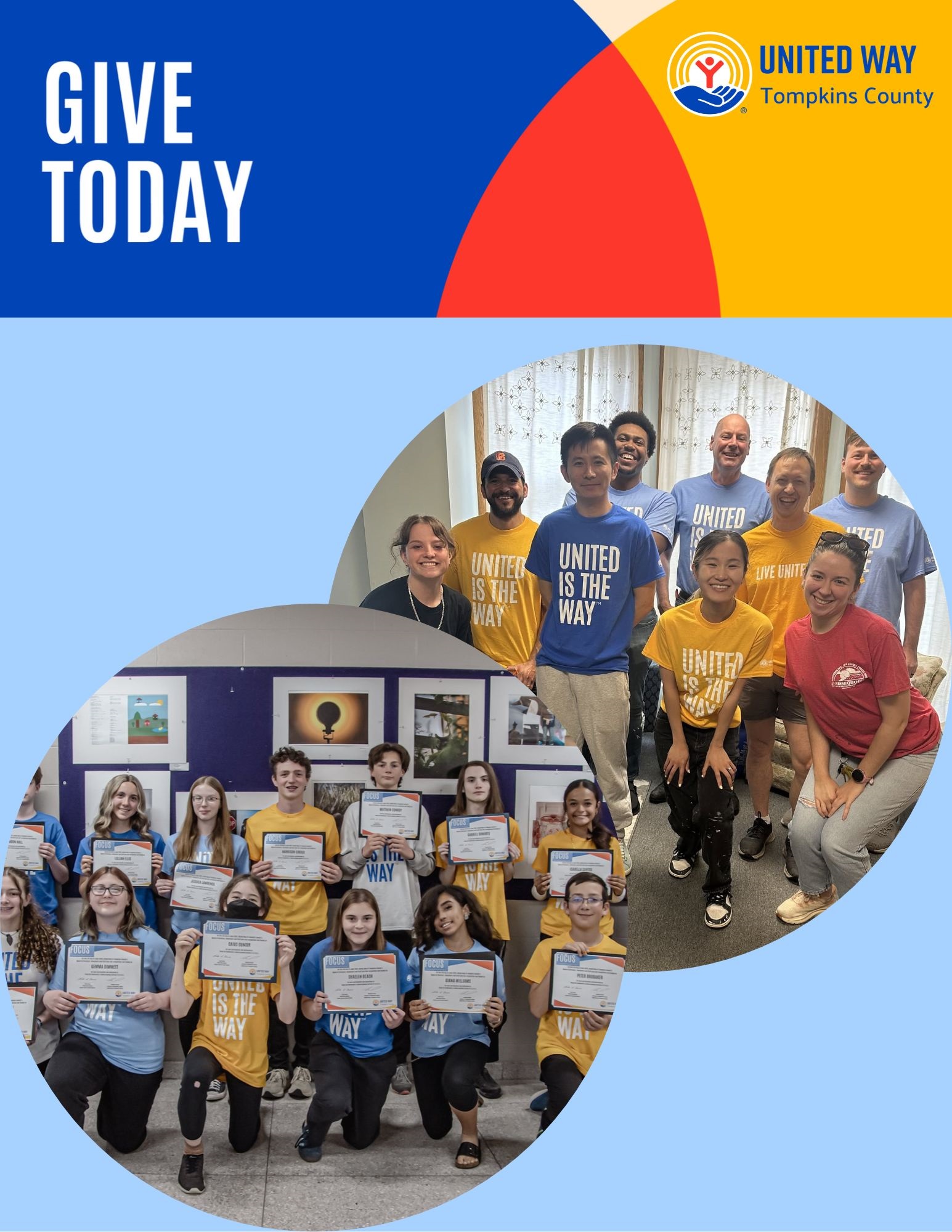 A promotional flyer for the United Way Tompkins County "Youth & Philanthropy" program. The right side of the flyer features three photos: students sitting at a long table during a meeting, a large group posing with oversized checks, and three individuals holding a $5,000 check made out to Catholic Charities. The left side contains the following information on an orange gradient background: * **Who Can Participate:** 10th, 11th, and 12th grade Tompkins County students. * **What Will We Do:** Learn about community needs, gain skills in leadership and decision making, and participate in a competitive grant process and award $25,000 to local non-profits. * **How to Get More Info:** Visit uwtc.org/youth-programming for program dates and the registration form, or email rhinton@uwtc.org. * **Additional Info:** Meals provided at all sessions!.