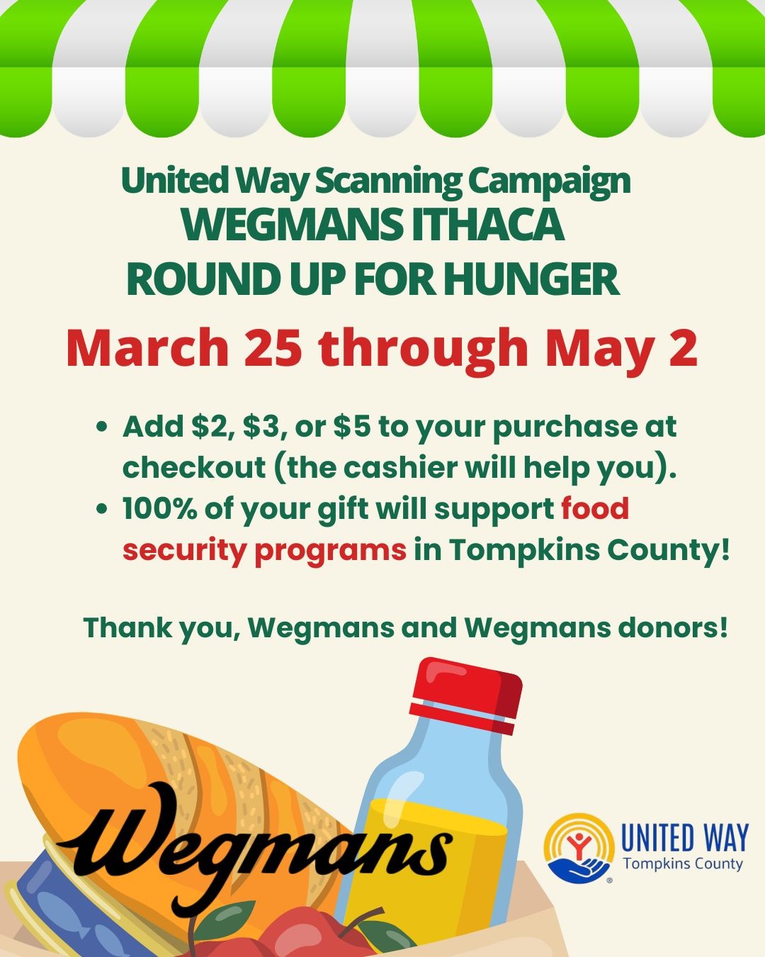 An infographic for the United Way Scanning Campaign at Wegmans Ithaca, titled "ROUND UP FOR HUNGER". The top of the image features a green and white striped awning. The main text, in green and red, states that the campaign runs from March 25 through May 2. It includes the following details: Action: Customers can add $2, $3, or $5 to their purchase at checkout with the help of a cashier. Impact: 100% of the gift supports food security programs in Tompkins County. A note at the bottom reads, "Thank you, Wegmans and Wegmans donors!". The bottom of the flyer features an illustration of a grocery bag filled with bread and a water bottle, alongside the logos for Wegmans and the United Way of Tompkins County.