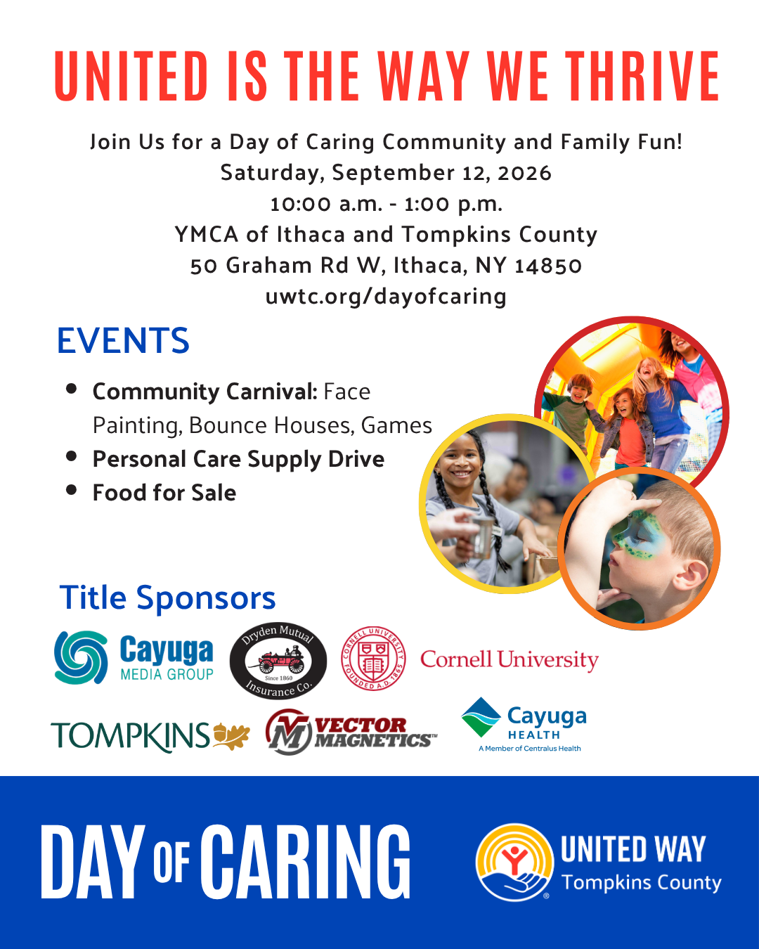 Event poster for United Way of Tompkins County’s Day of Caring on Saturday, September 12, 2026, from 10:00 a.m. to 1:00 p.m. at YMCA of Ithaca and Tompkins County. Features a community carnival, personal care supply drive, food for sale, and sponsor logos.